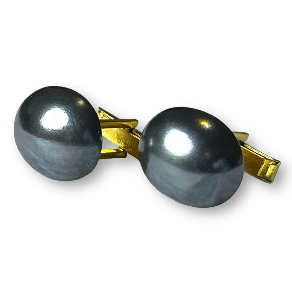 Vintage Natural Hematite Cabochon Cufflinks with Gold Tone Locking Bars